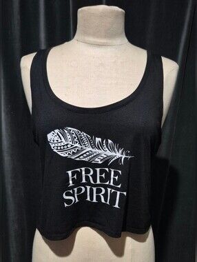 Free Spirit Black Tank Top with Feather Graphic - Petite (Box A)
